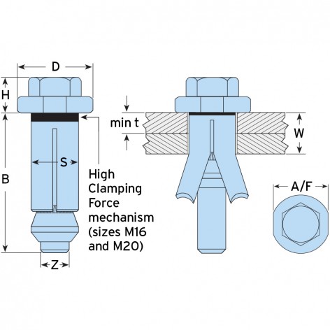 image of lindapter type hb hollo bolt hex head line drawing